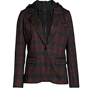 Liverpool LA Burgundy Plaid Boyfriend Blazer Size S with Removable Hoodie